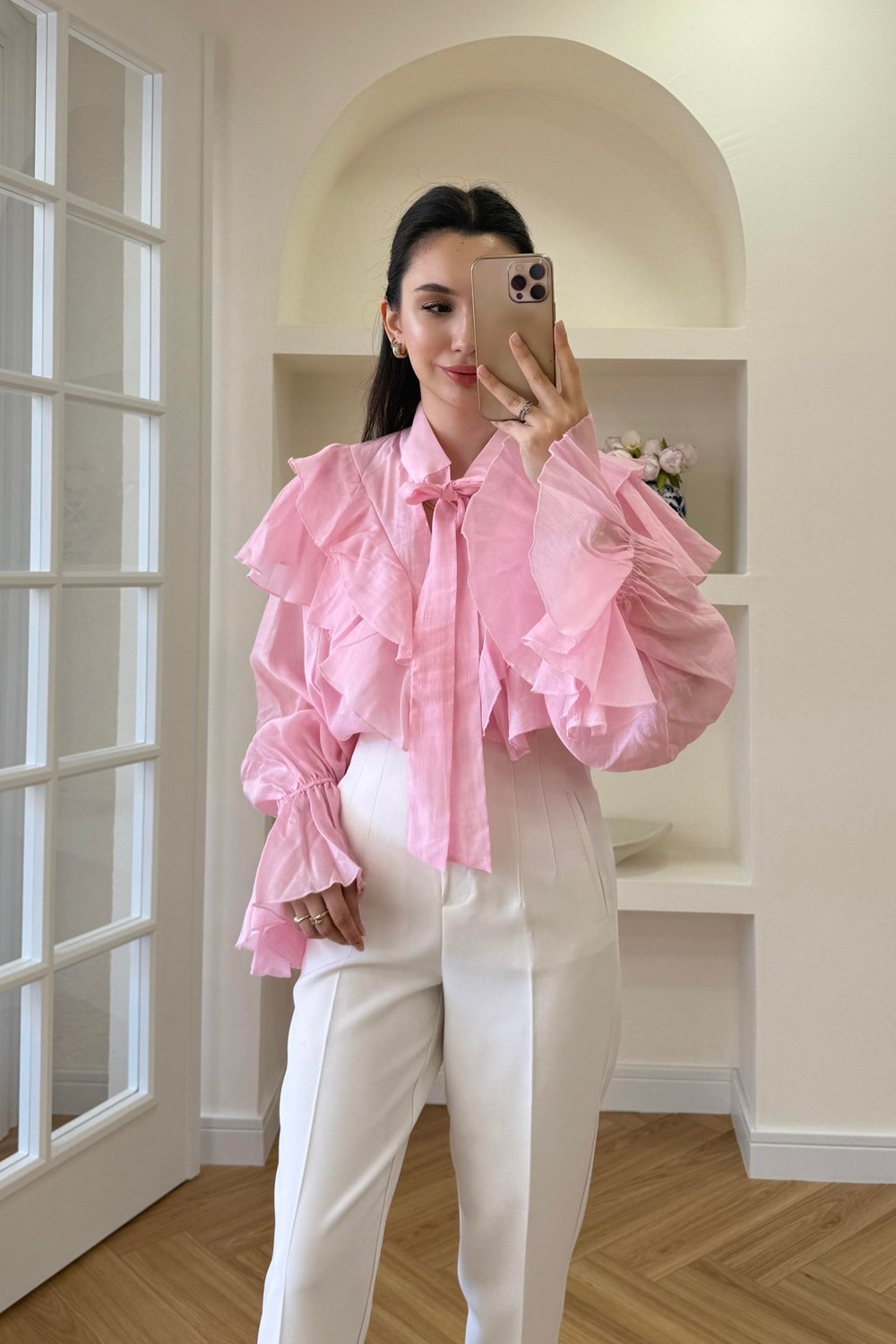 FULAR YAKA FIRFIRLI GÖMLEK - PEMBE