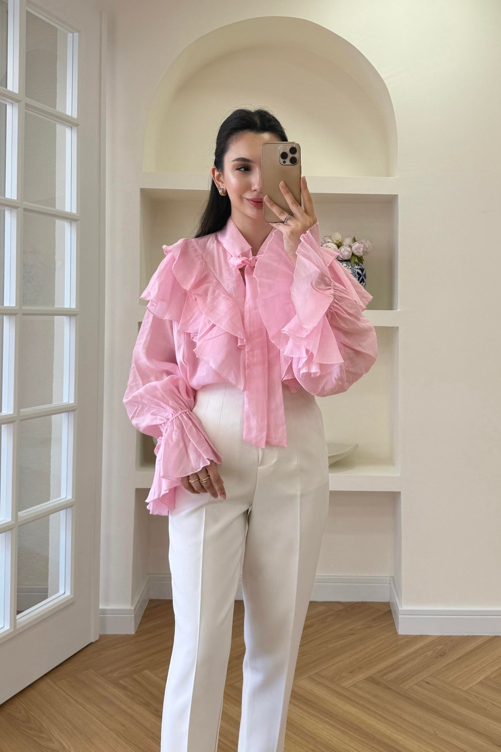 FULAR YAKA FIRFIRLI GÖMLEK - PEMBE