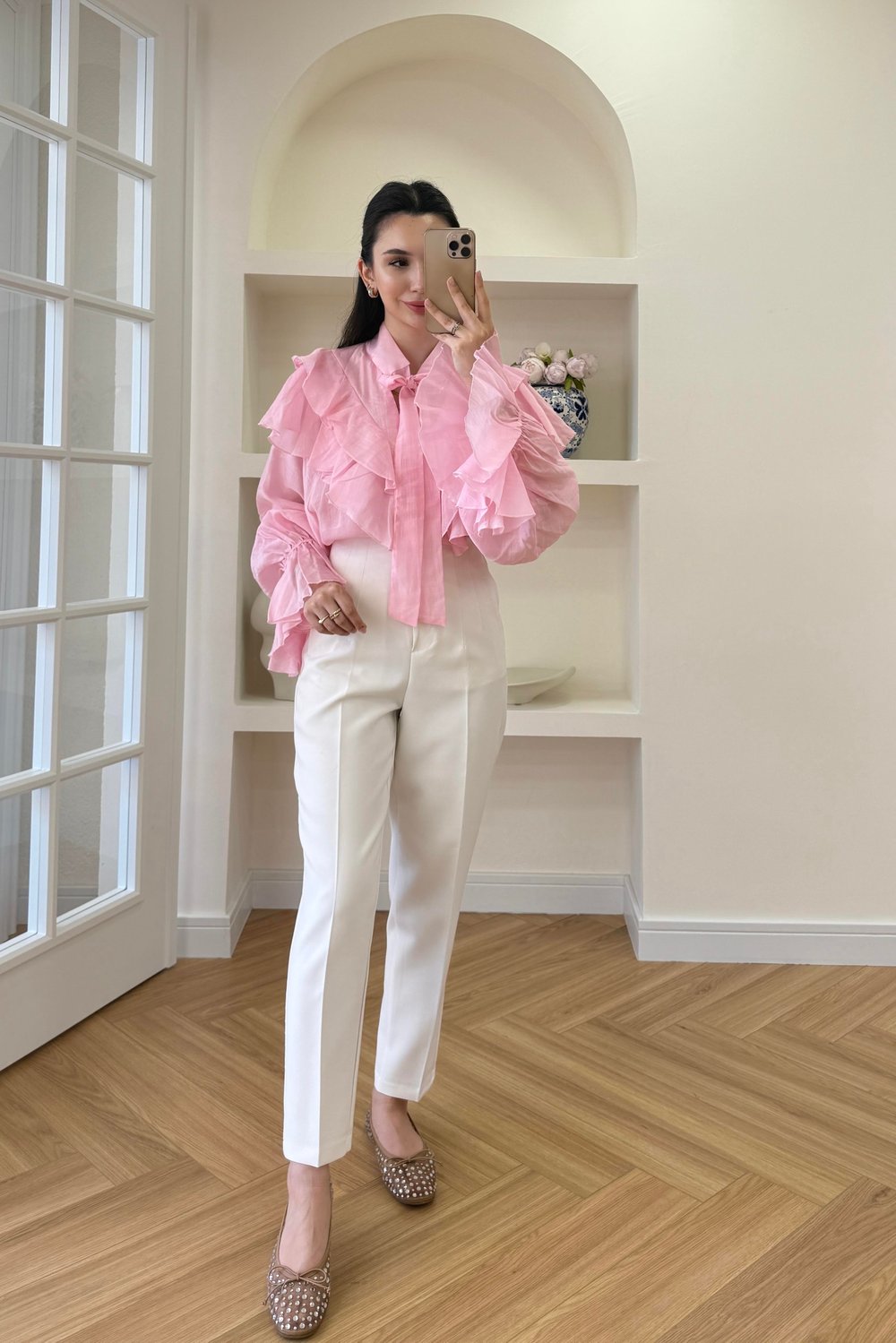 FULAR YAKA FIRFIRLI GÖMLEK - PEMBE