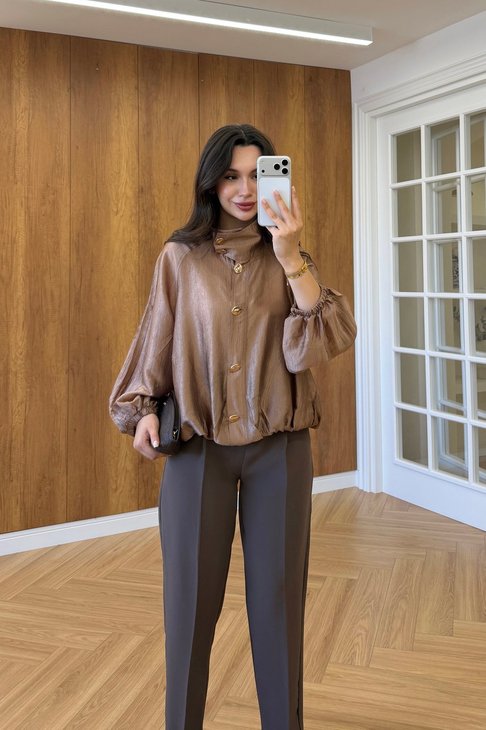GOLD DÜĞMELİ DİK YAKA BOMBER - BRONZ