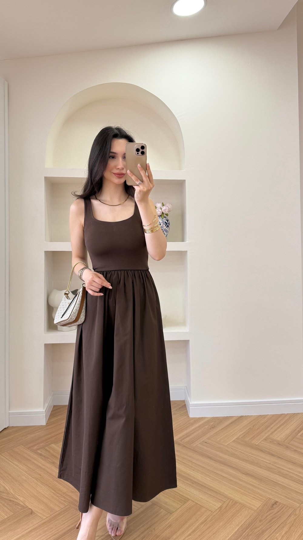 KARE YAKA ELBİSE - KAHVERENGİ 