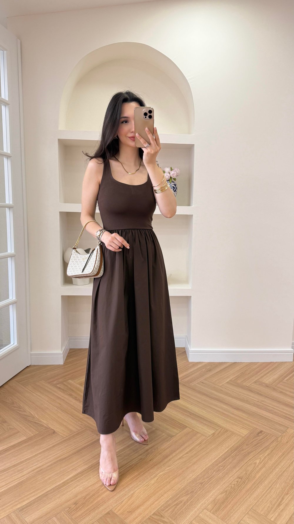 KARE YAKA ELBİSE - KAHVERENGİ 