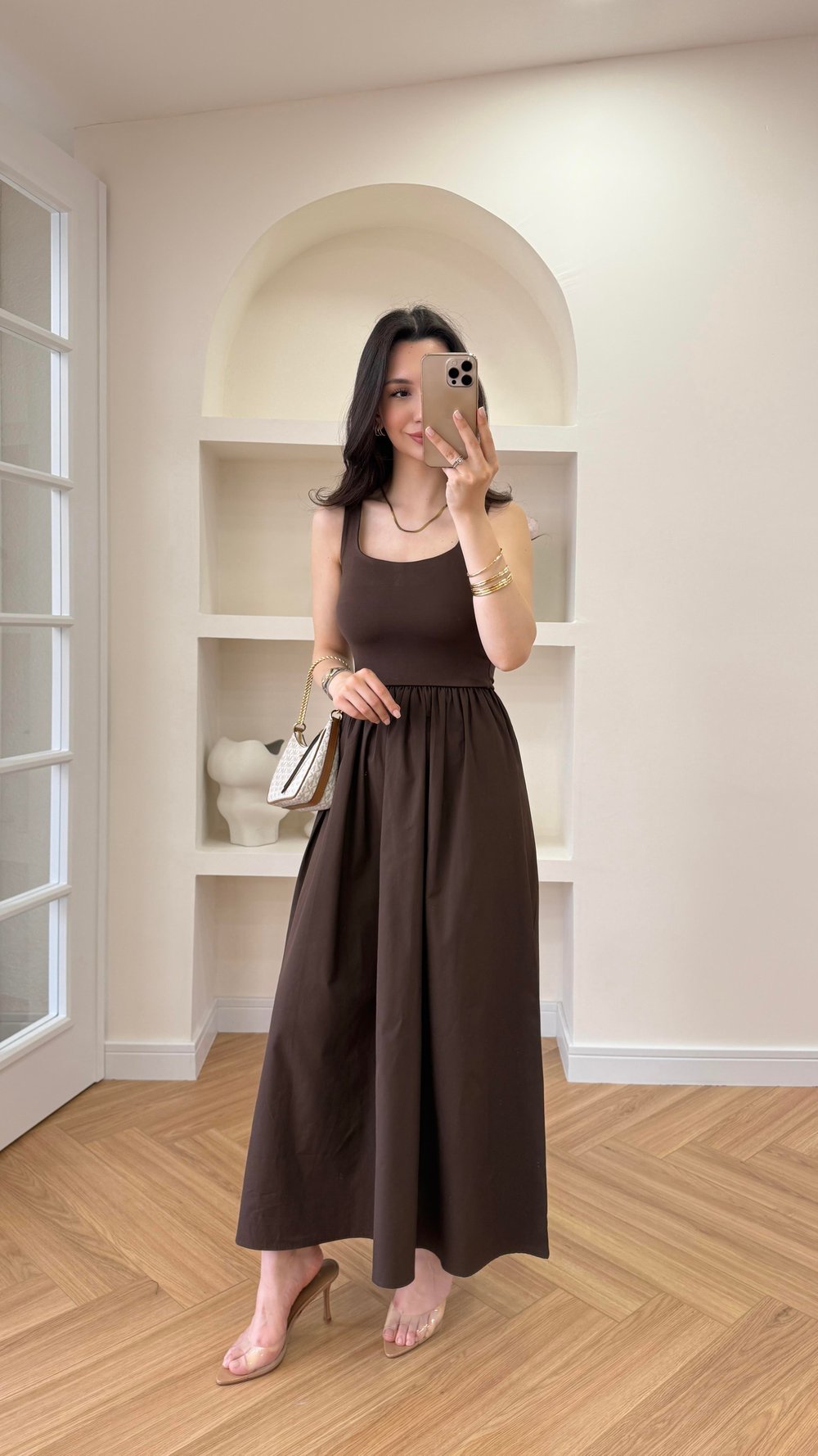 KARE YAKA ELBİSE - KAHVERENGİ 