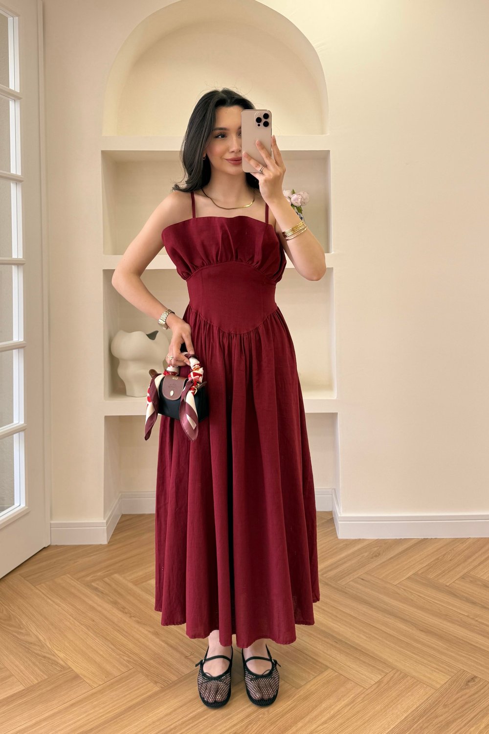 KIVRIMLI YAKA BÜSTİYER ELBİSE - BORDO