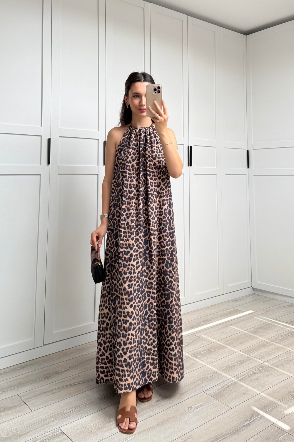 LEOPAR DESEN SIRT DEKOLTELİ ELBİSE