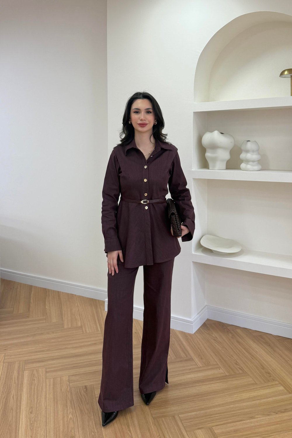 LUNA KEMERLİ DENİM TAKIM - BORDO
