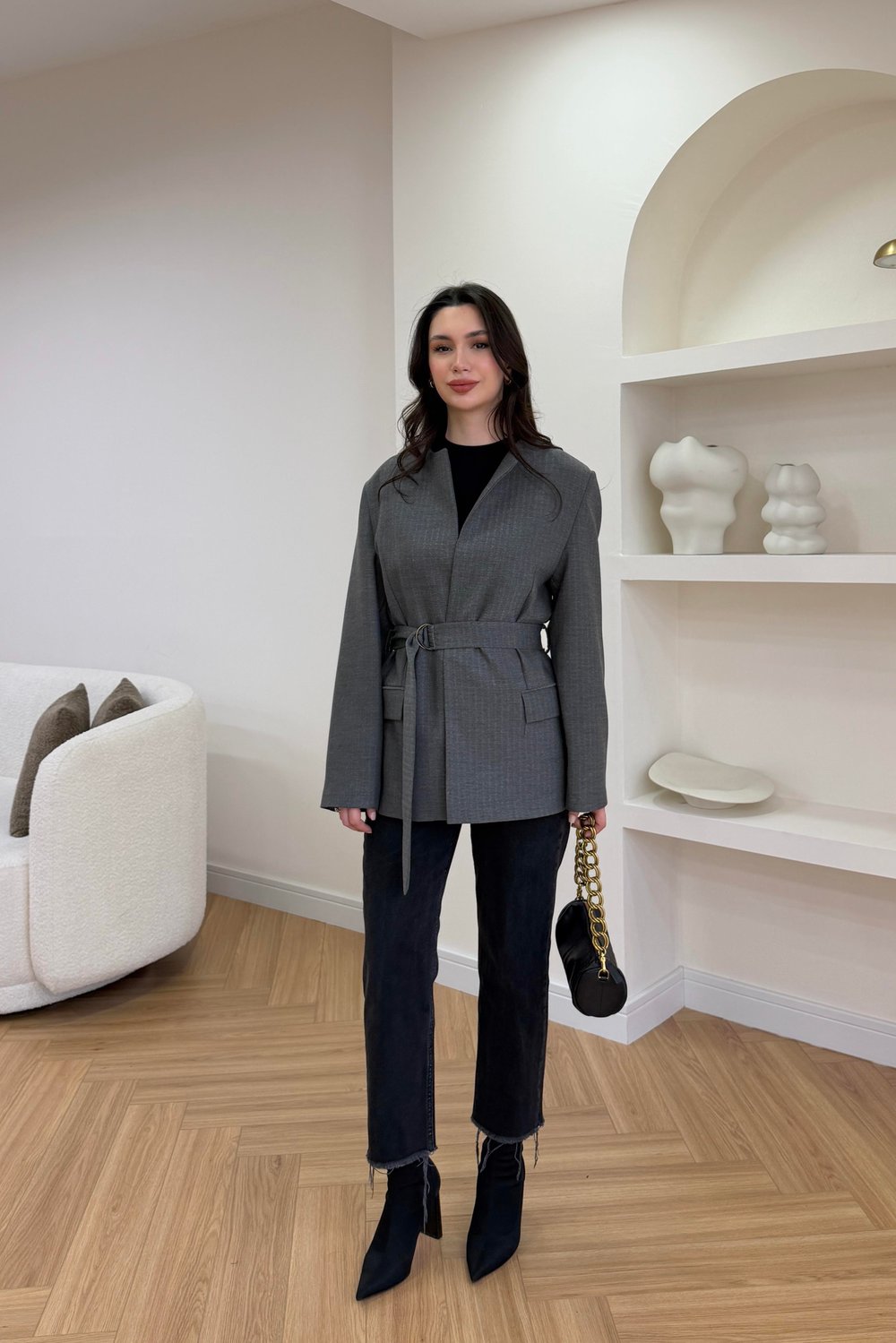 VERA KEMERLİ VATKALI CEKET- GRİ