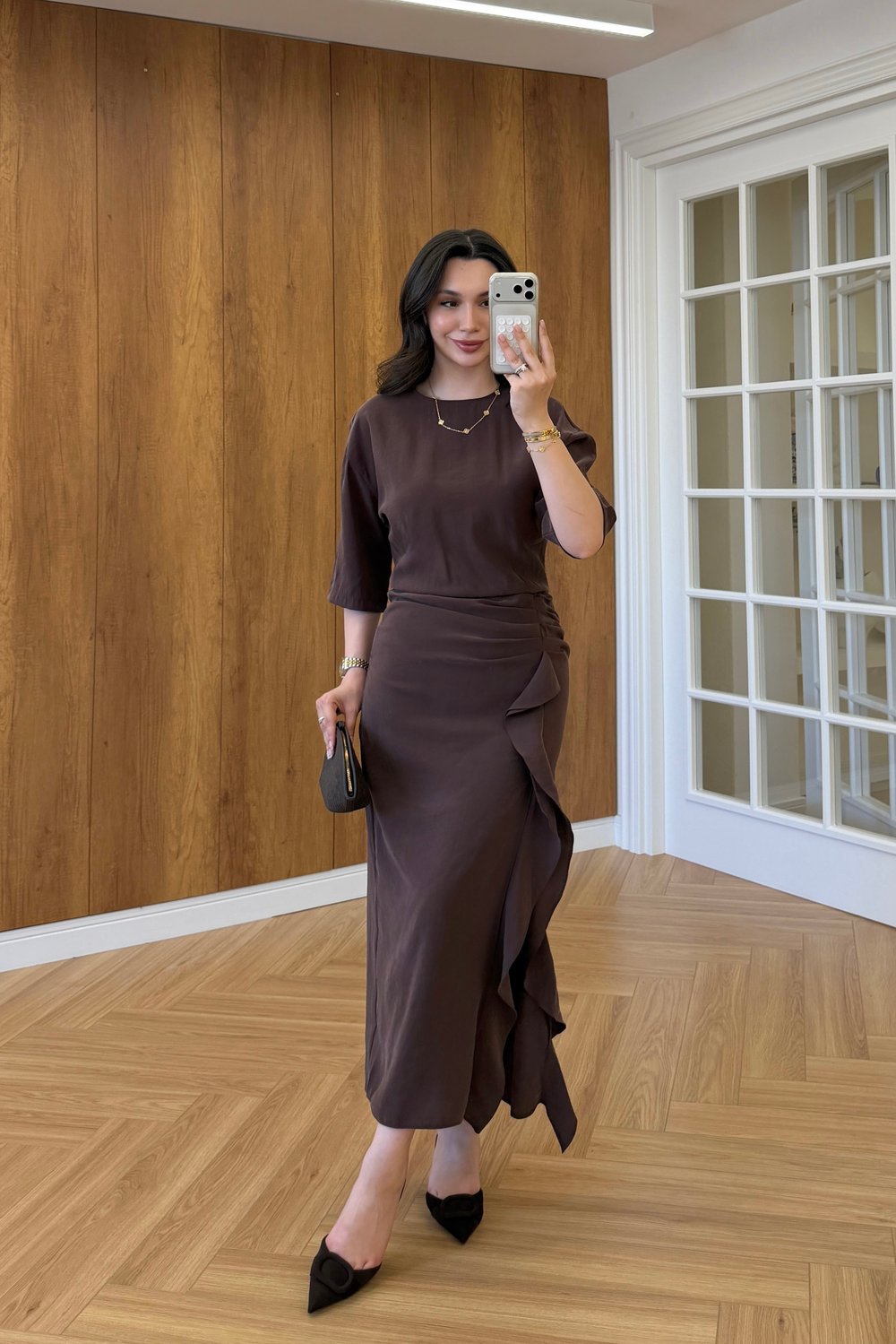 ZRA YIRTMAÇ DETAYLI ELBİSE - KAHVE