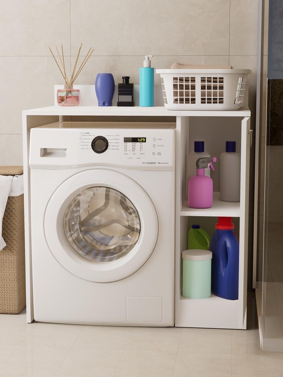 %100 MDF Çamaşır ve Kurutma Makinesi Dolabı, Kapaklı 2 Raflı Çamaşır Makinesi Düzenleyicisi