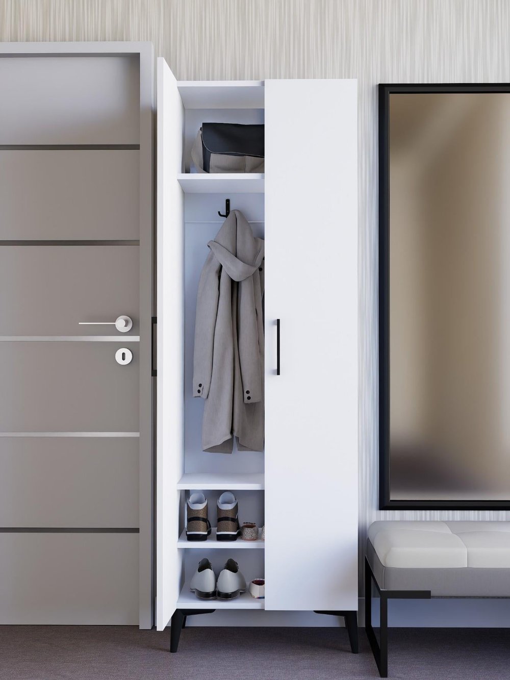 Askılıklı, Ayakkabılıklı 2 Kapaklı Beyaz Portmanto | %100 MDF Raflı Modern Vestiyer (VST05)