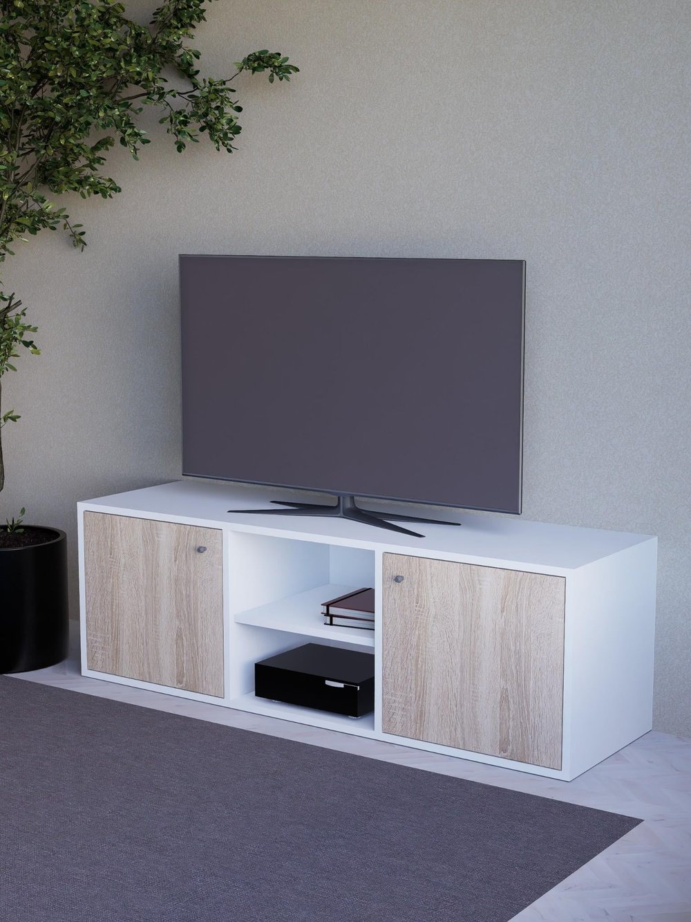 Detamob Beyaz Tv Ünitesi, 2 Kapaklı Raflı Tv Sehpası - 138cm MDF