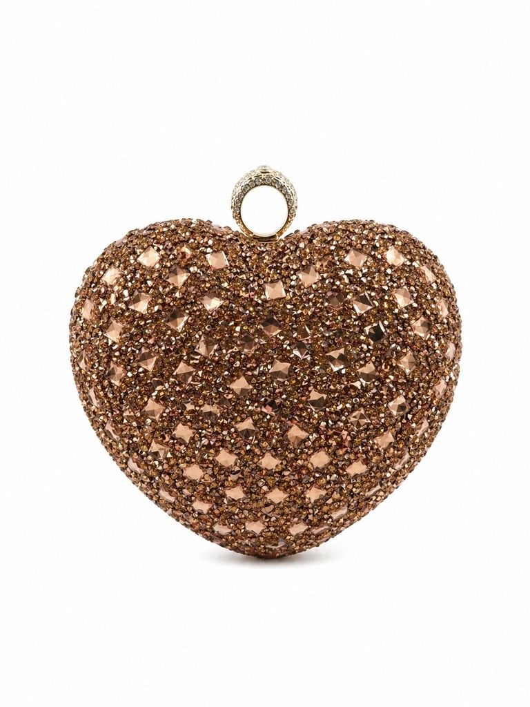 Kalp Model Yüzük Detaylı Clutch Abiye Çanta Bronz