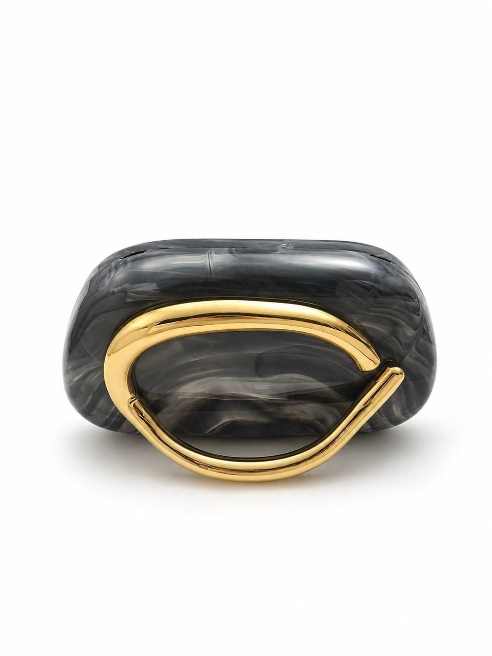 Ring Oval Tutma Detaylı Clutch Abiye Çanta Siyah Mermer