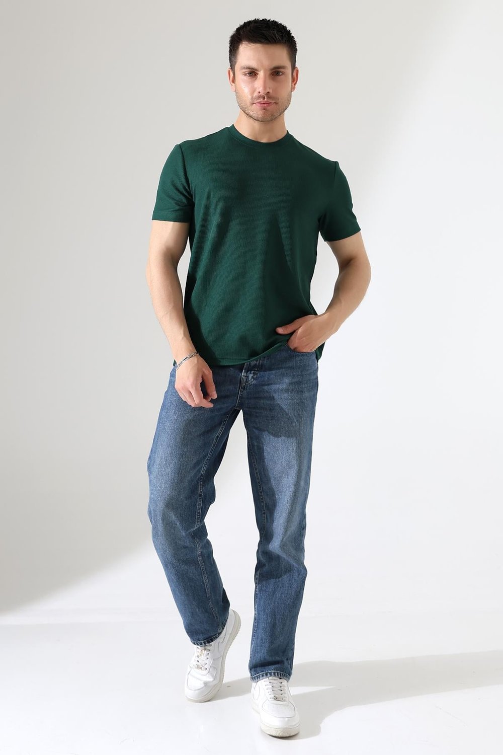 Erkek Fitilli Slim Fit Bisiklet Yaka Düz Renk T-Shirt 