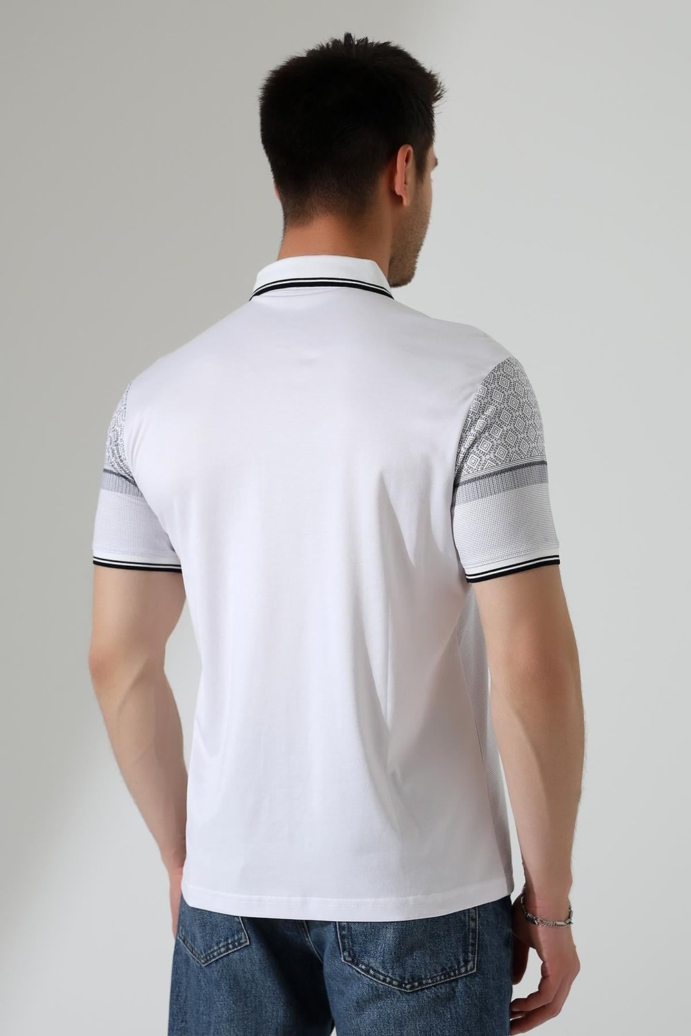 Fermuar Detaylı Desenli Pamuklu Polo Yaka T-shirt