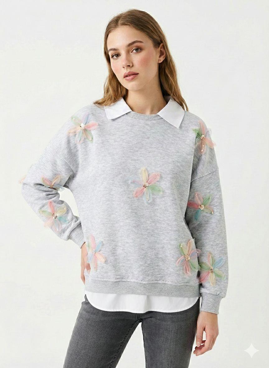Kadın Çiçek Tül Detaylı Nakışlı Gömlek Yaka Üç İplik Kalın Sweatshirt Tunik