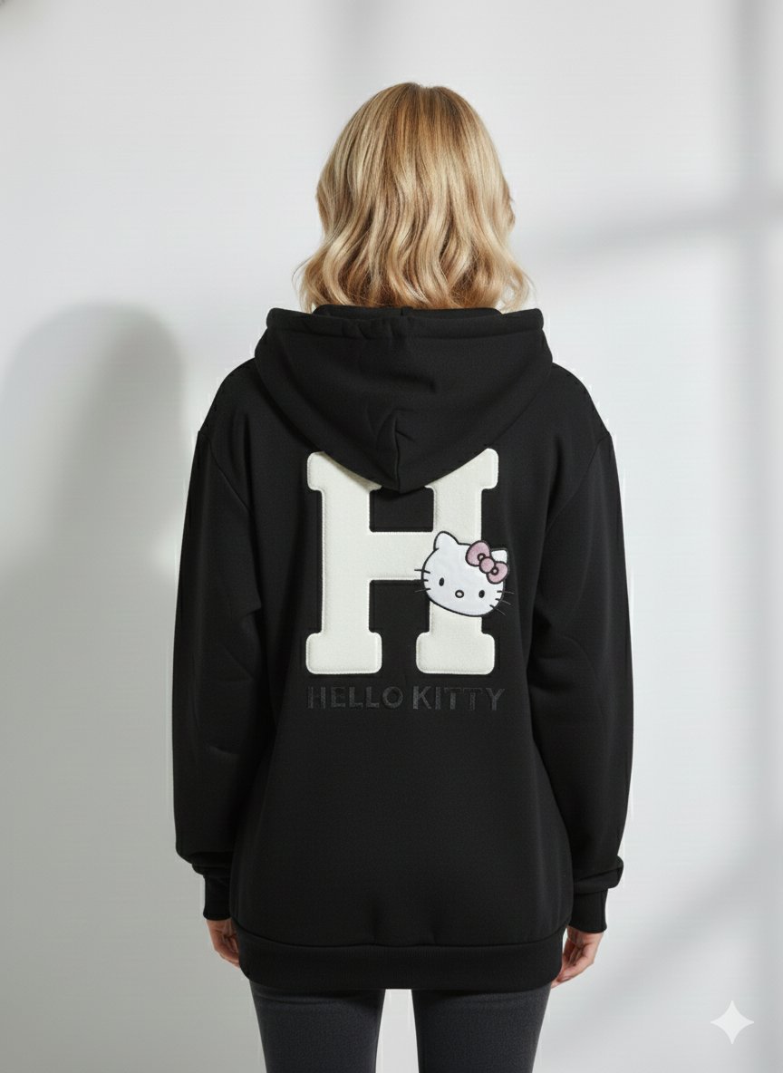 Kadın Kapüşonlu Üç İplik Hello Kitty Baskılı Yumuşak Dokulu İçi Pamuklu Uzun Kollu Sweatshirt