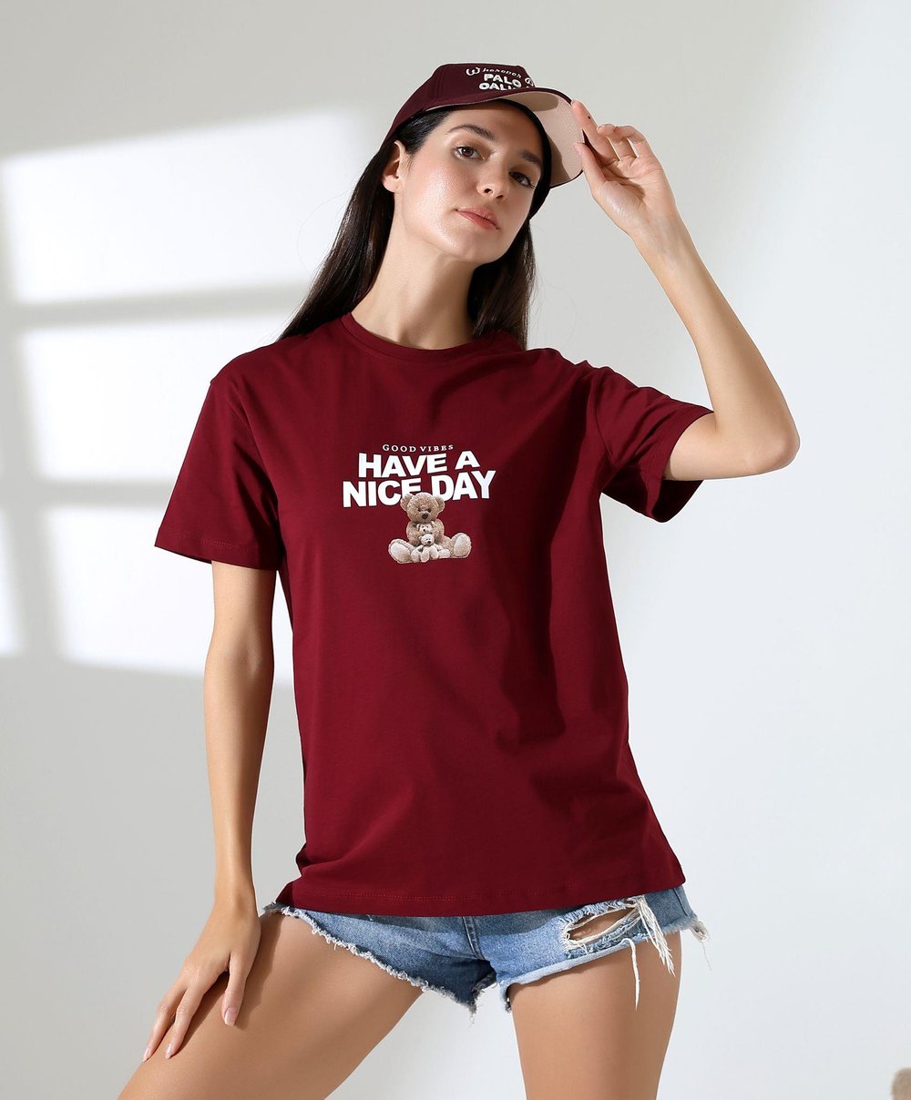 Kadın Ön Ve arka Ayıcık baskılı Bisiklet Yaka t-shirt