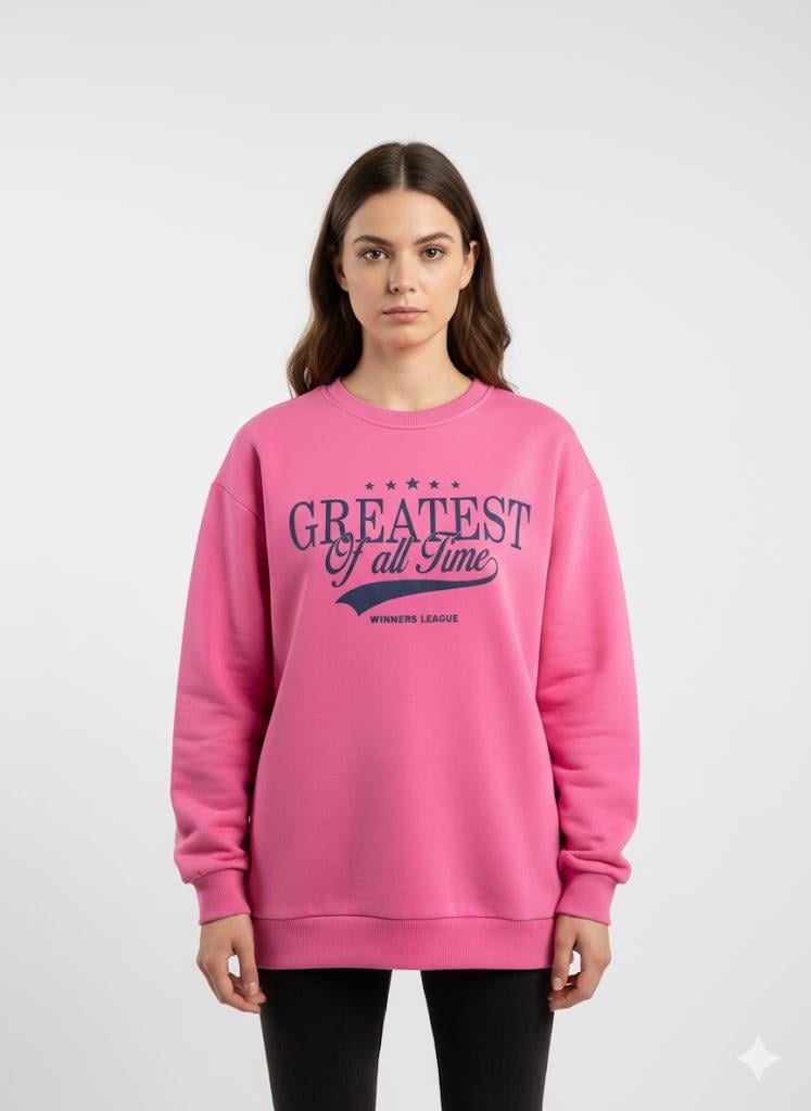 Kadın Üç İplik Şardonlu Arkası Kot ve Düğme Detaylı Baskılı Bisiklet Yaka Sweatshirt