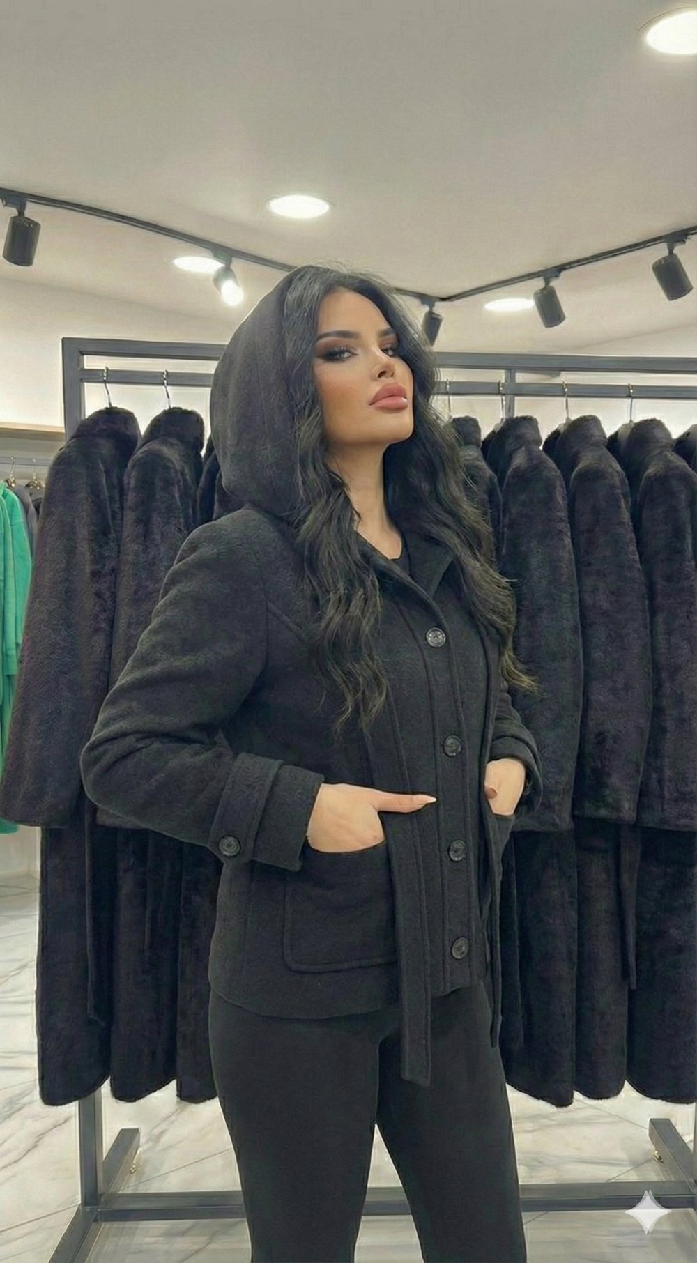 Siyah Kapüşonlu Yeni Sezon Astarlı Premium Kalite Rahat Kalıp Kadın Kaşe Kaban Mont D99815
