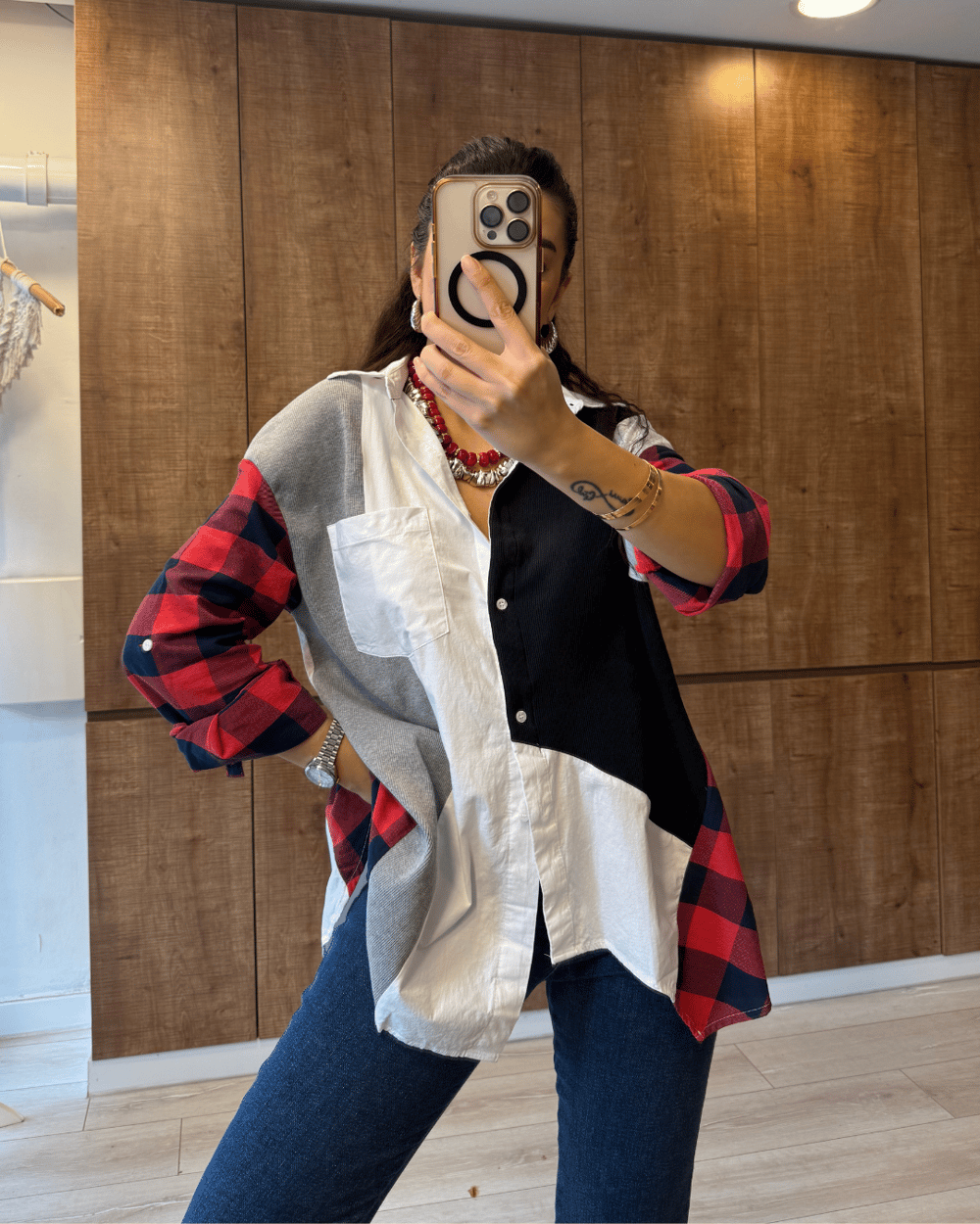 Asimetrik Kesim Patchwork Gömlek