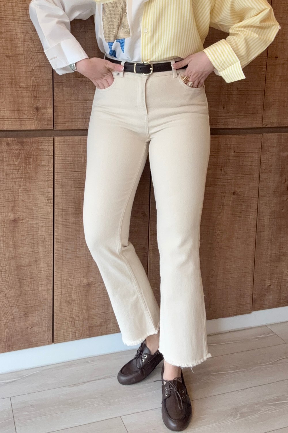 Bej Likralı Flare Jean