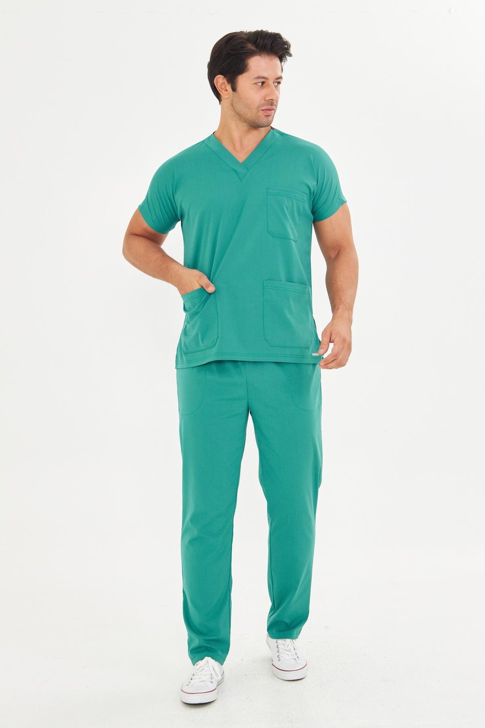 Koyu Yeşil Likralı Greys Scrubs Takım
