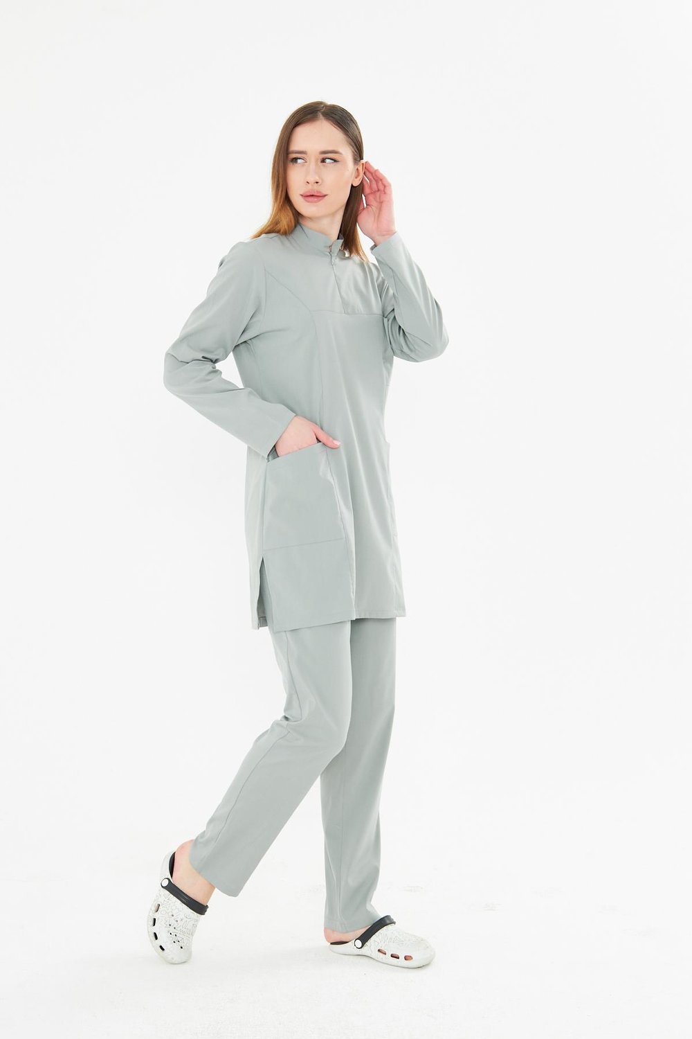 Tıpmod Gri 17-4402 Likralı Tesettür Scrubs Takım