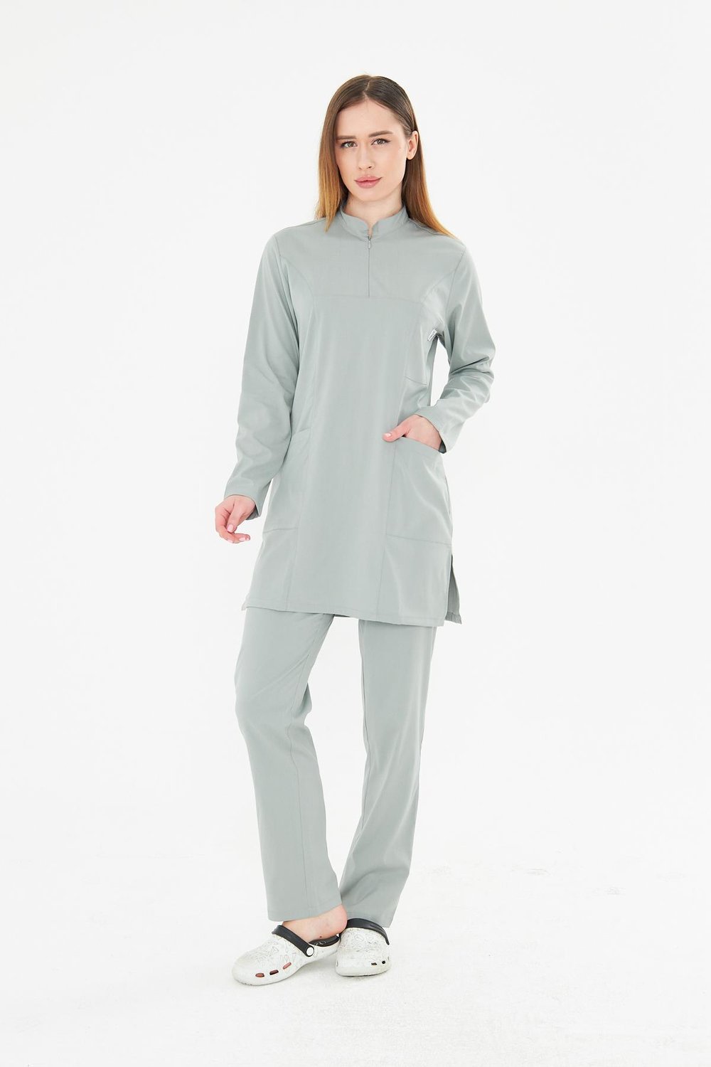 Tıpmod Gri 17-4402 Likralı Tesettür Scrubs Takım