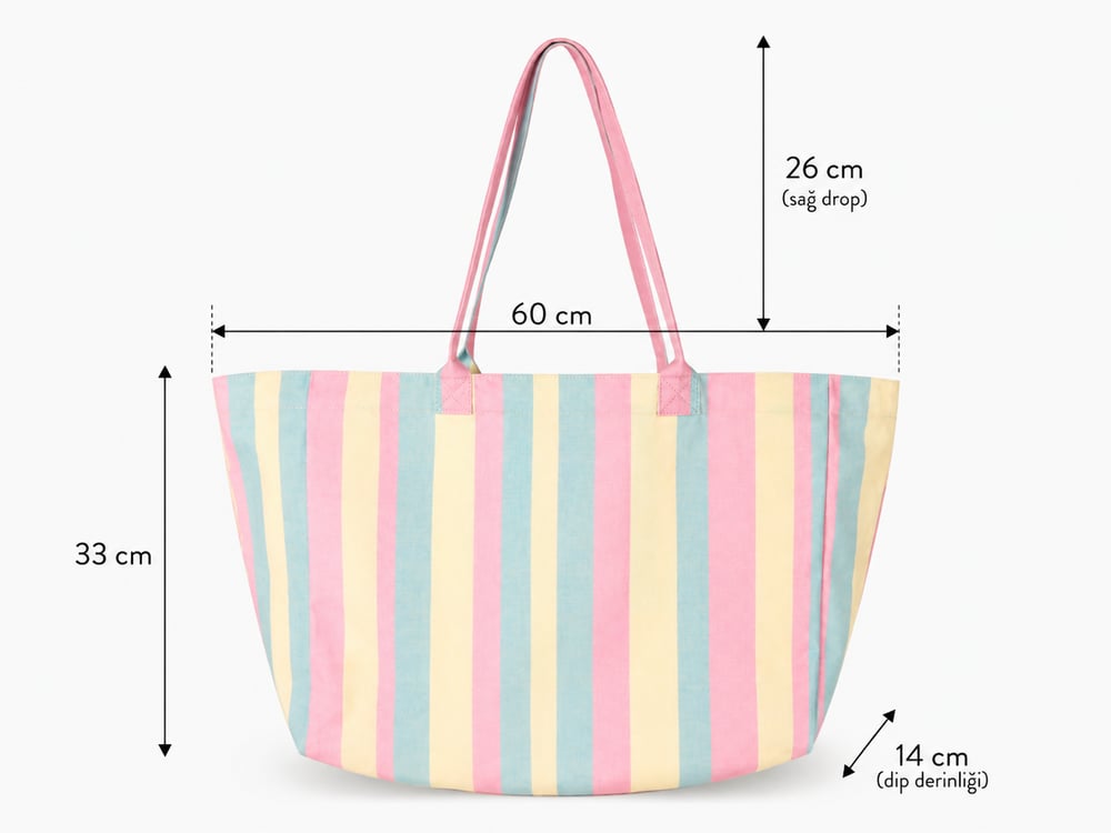 Icone Soft Renk Çizgili Baskılı Kanvas Omuz Çantası, Çizgili Plaj Çantası, Plaj Çantası, Beach Bag