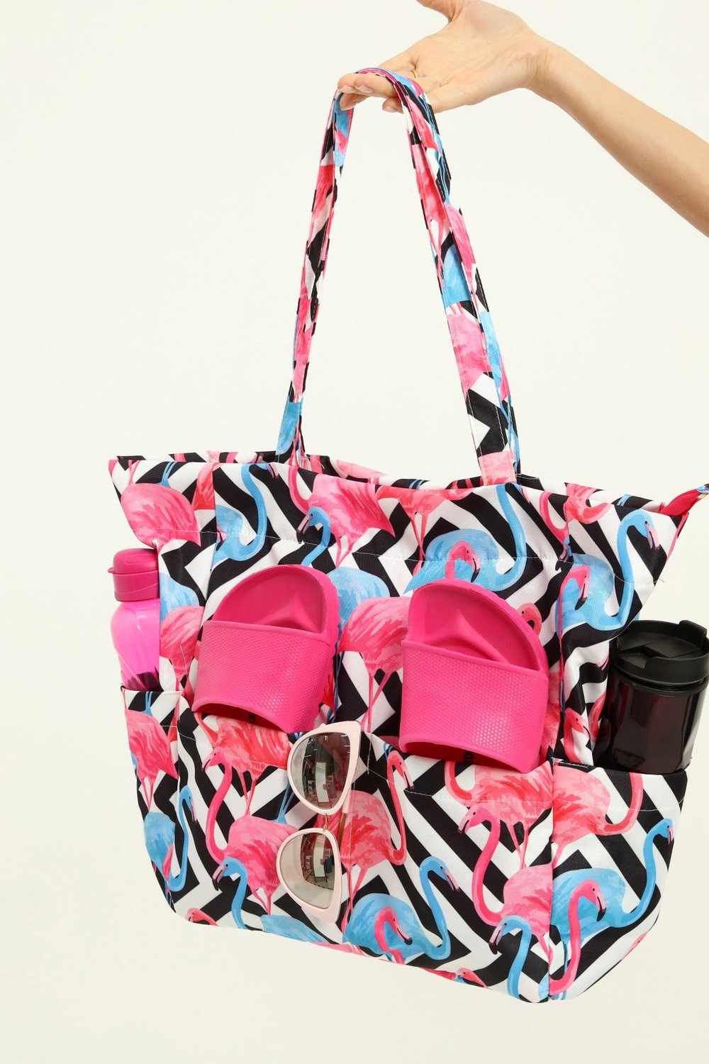 Kadın Plaj Çantası, Fonksiyonel Baskılı Plaj Çantası, Beach Bag, Flamingo Desenli Fermuarlı Çanta
