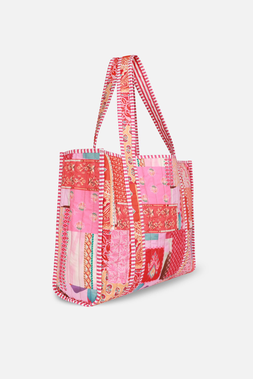Patch Baskılı Kapitoneli Plaj Çantası, İçi Çizgili Baskılı ve Cepli Shopper Çanta, Plaj Çantası