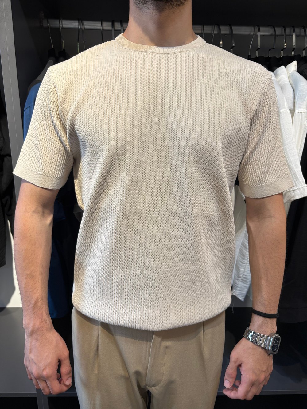 Bisiklet Yaka Örme Triko Tshirt Bej