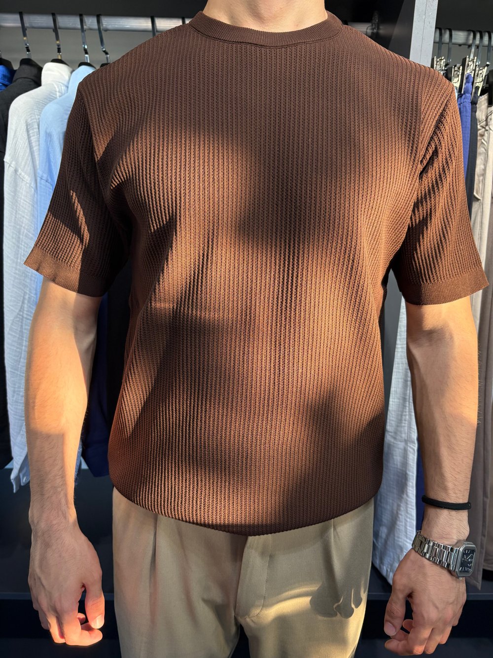 Bisiklet Yaka Örme Triko Tshirt Kahverengi