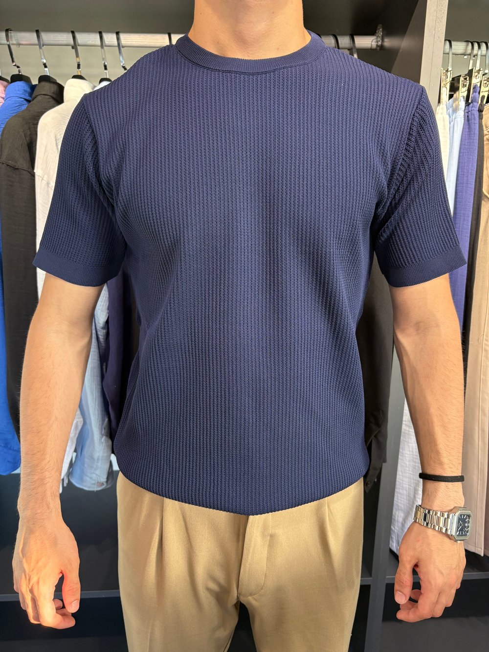 Bisiklet Yaka Örme Triko Tshirt Lacivert