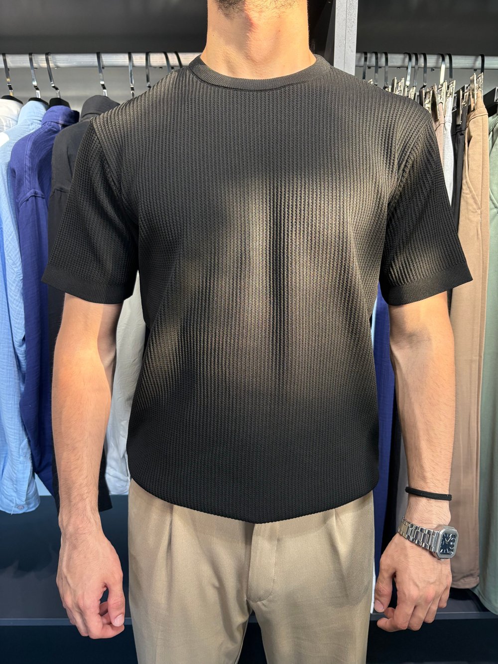 Bisiklet Yaka Örme Triko Tshirt Siyah