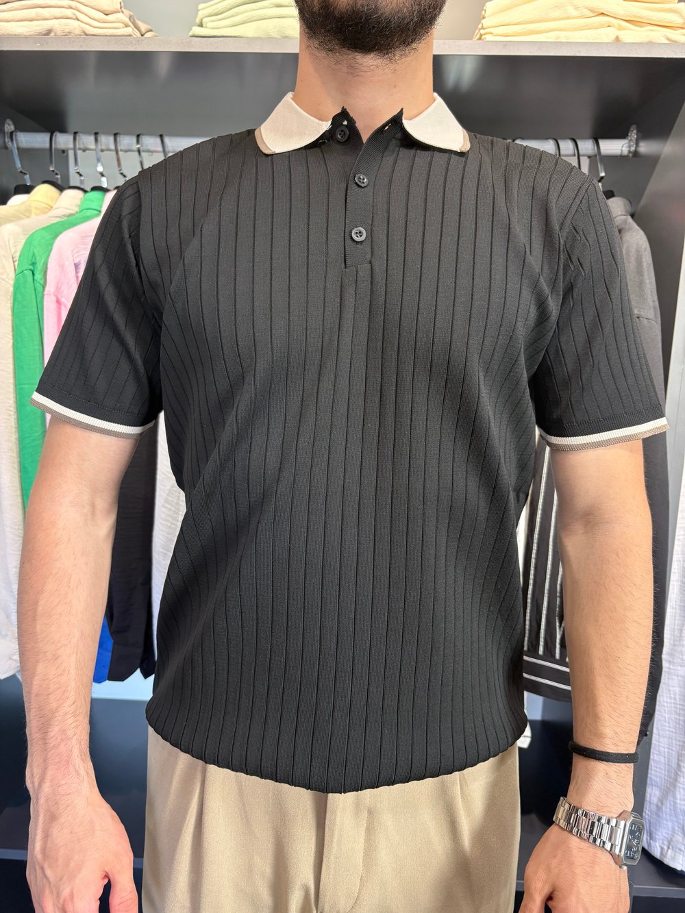 Yaka Detay Fitilli Triko Tshirt Siyah
