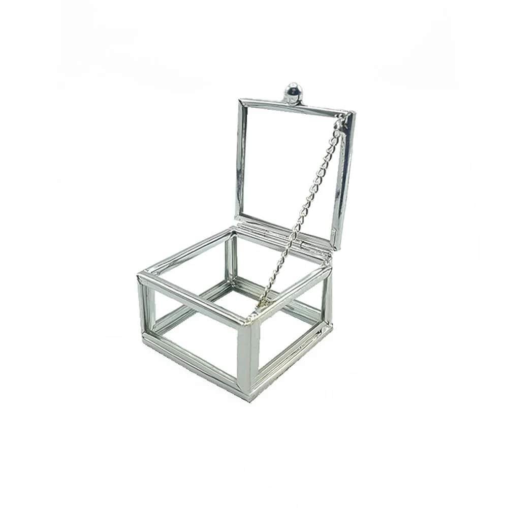 Kare Cam Yüzük Kutusu - Zincirli Gümüş