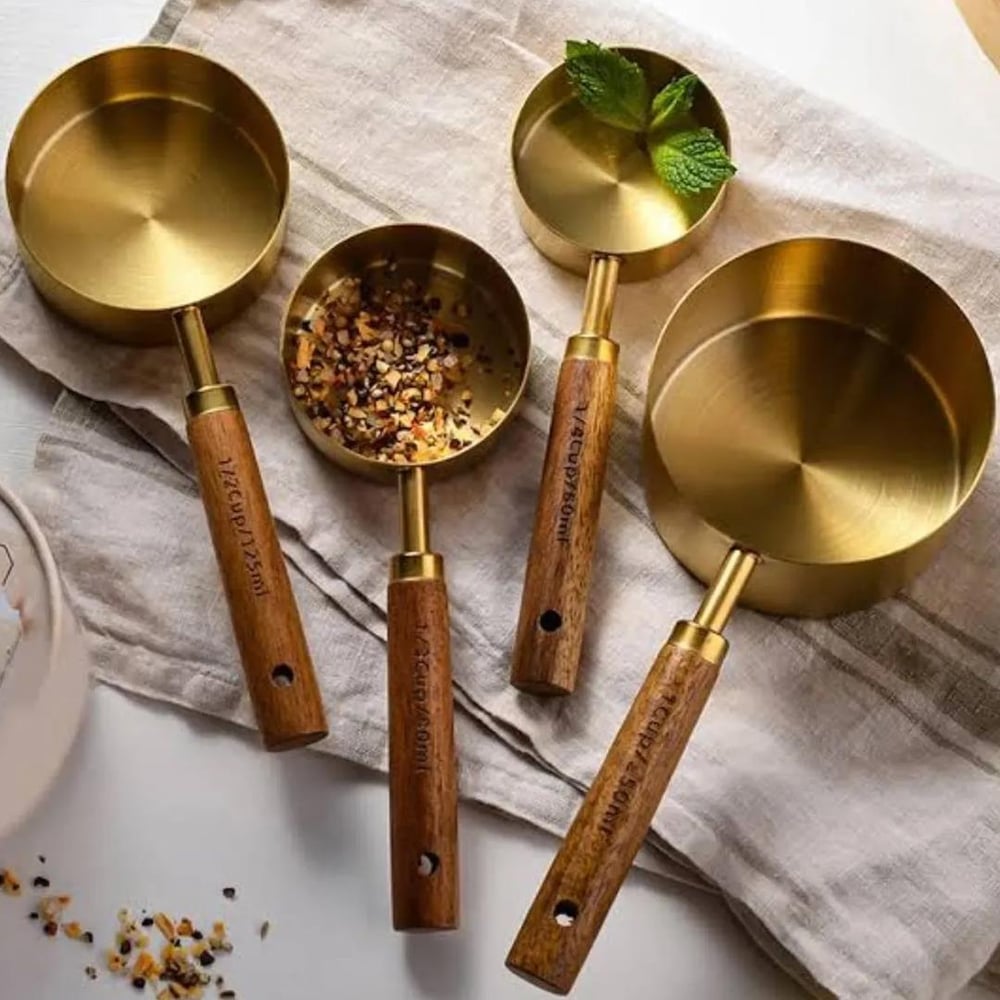 Ahşap Saplı 4 Lü Ölçü Kaşığı Seti - Gold