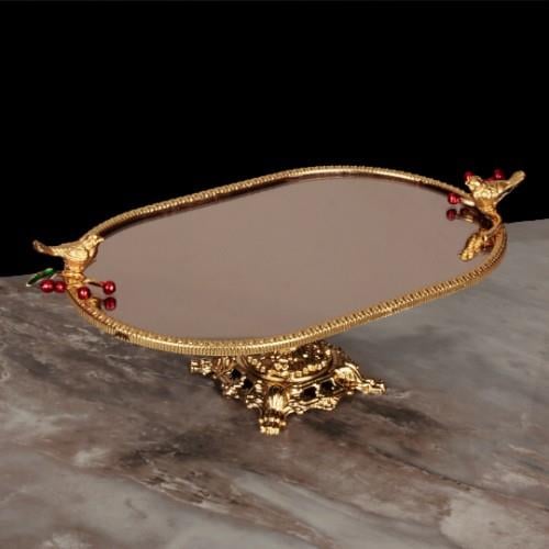 Bird Oval Aynalı Ayaklı Tepsi Büyük Boy - Gold