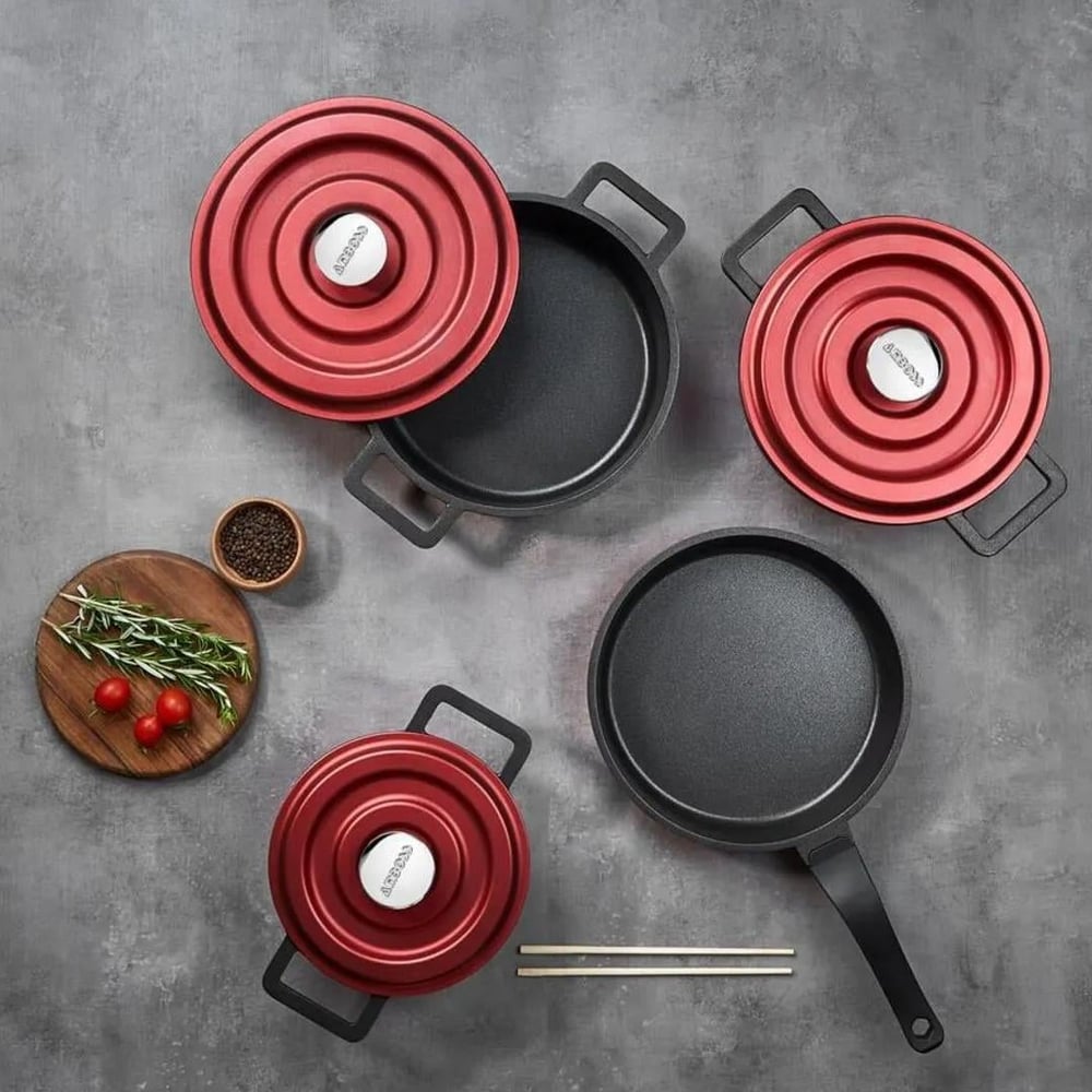 Copper 7 Piece Cast Iron Cookware Set - Red