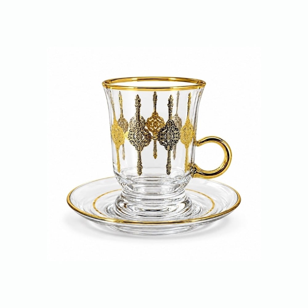 Çay BardaklarıKemer Kulplu 6 Lı Çay Seti Gold
