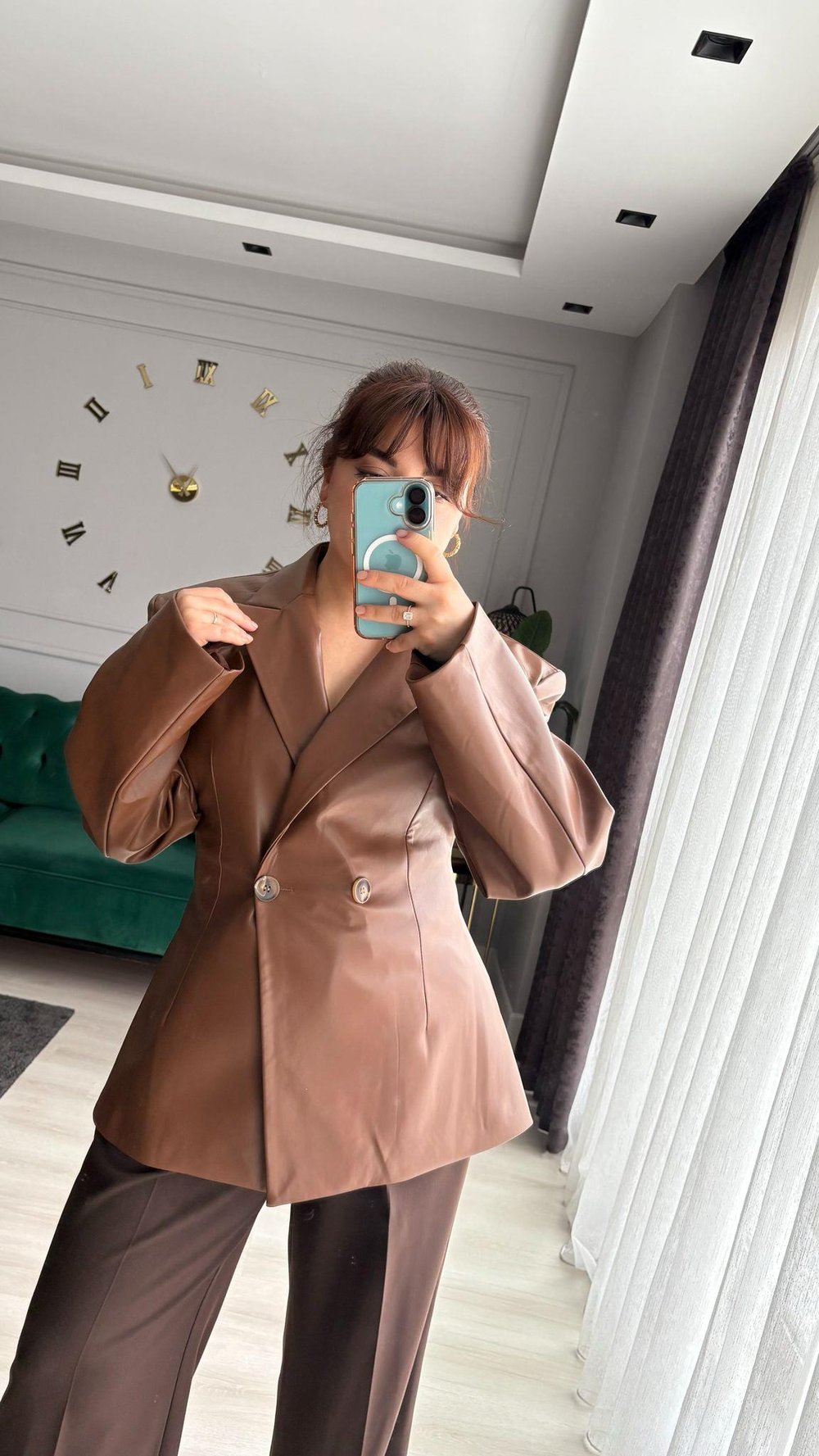 KAHVERENGİ VATKALI BLAZER DERİ CEKET