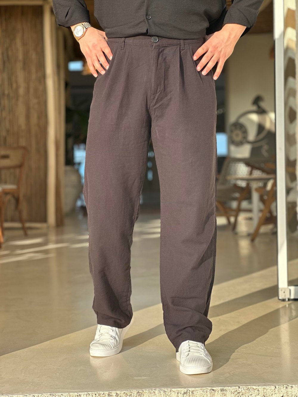 Keten Baggy Pantolon Düğmeli