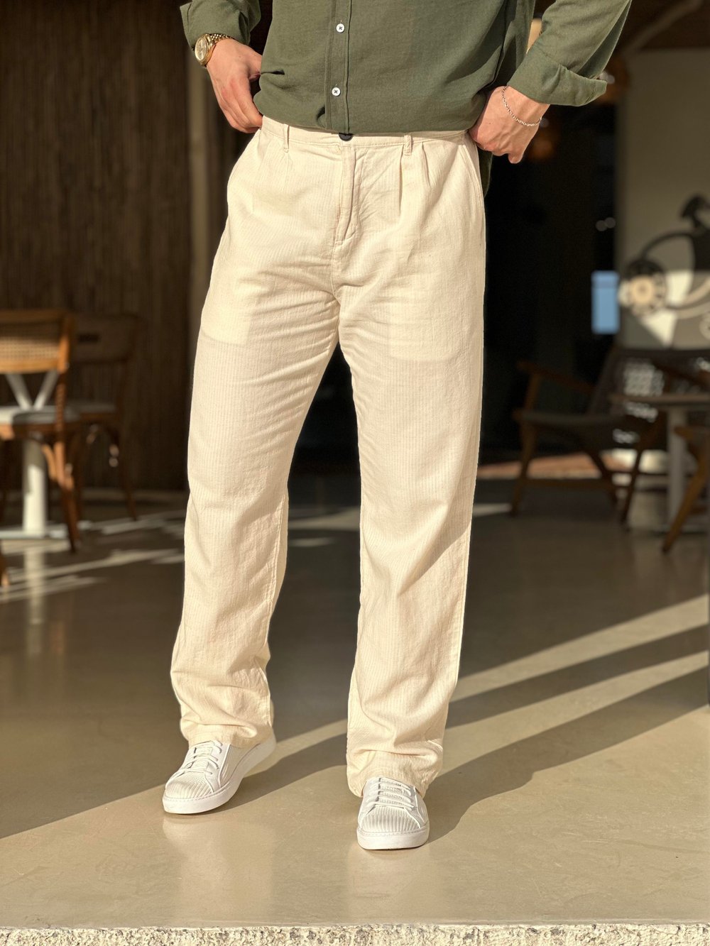 Krem Keten Baggy Pantolon Düğmeli