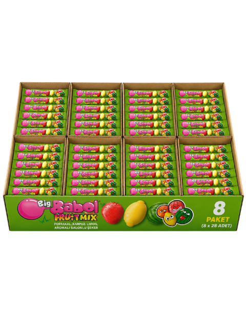 Big Babol Fruit Mix Portakal, Karpuz, Limon, Çilek Aromalı Toz Dolgulu Balonlu Sakız 20 GR X 28 Adet X 8 Adet