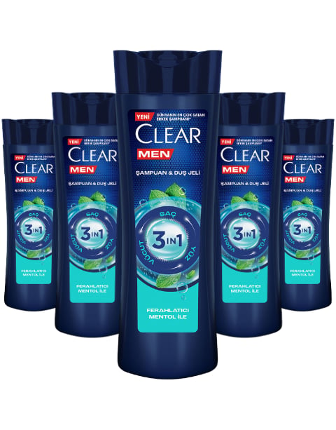 Clear Men 3 In 1 Ferahlatıcı Mentol İle Şampuan & Duş Jeli 350 ML * 5 Adet