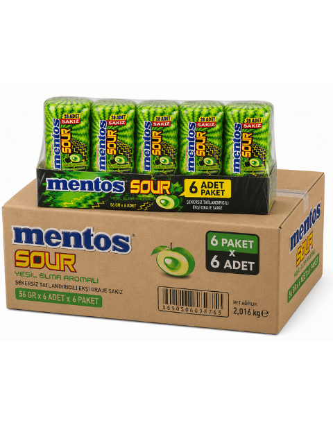 Mentos Sour Yeşil Elma Aromalı Şekersiz Tatlandırıcılı Ekşi Draje Sakız 56 GR X 6 Adet X 6 Adet