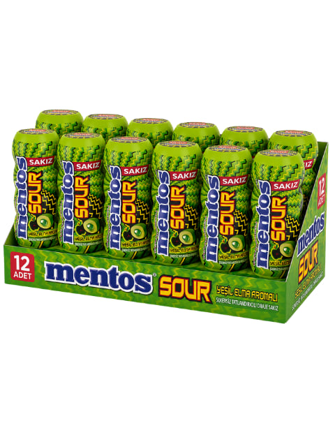 Mentos Sour Yeşil Elma Aromalı Şekersiz Tatlandırıcılı Ekşi Draje Sakız 30 GR X 12 Adet