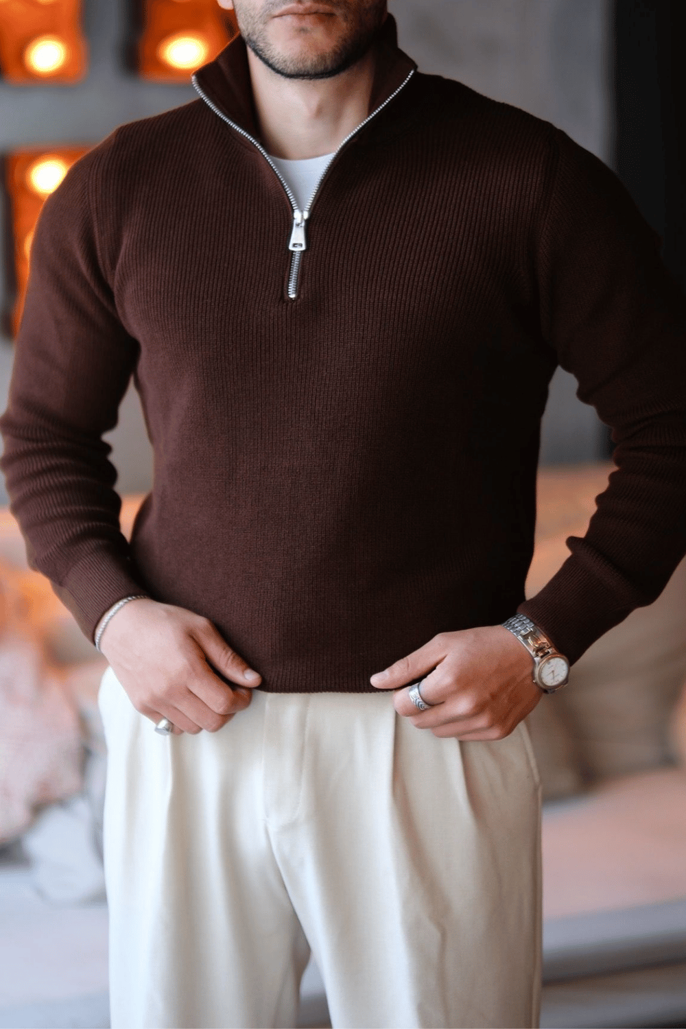 Bellonari Half Zip Pamuklu Old Money Kazak Kahverengi-